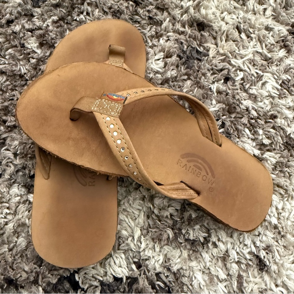 Rainbow Kids Tan Leather Studded Flip Flop Sandals